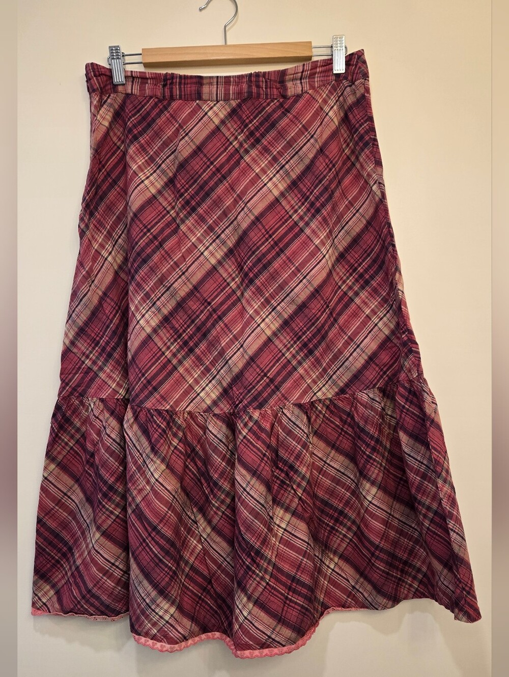 April Cornell Pink Plaid Tiered Maxi Skirt - M